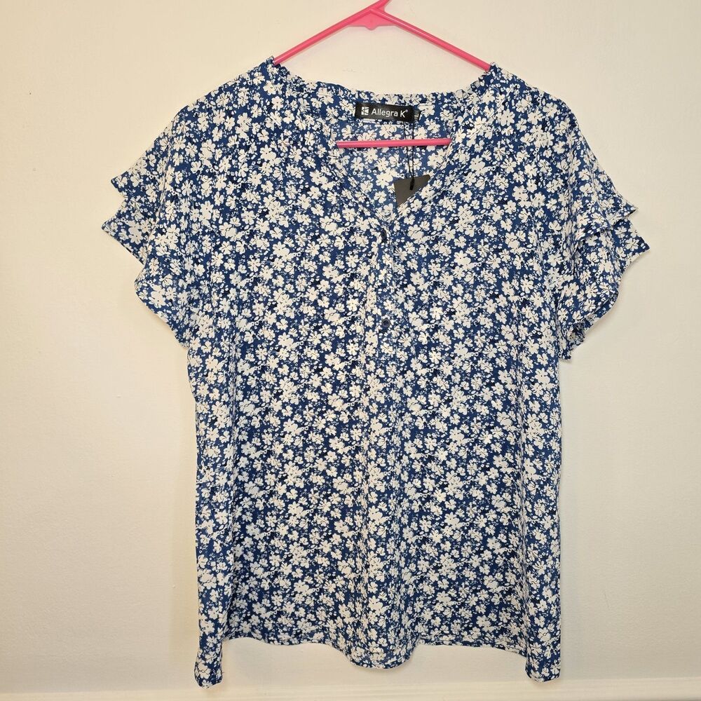 New Allegra K Women's Blouse Tops V Neck Floral Blouse Blue White Large Flutter